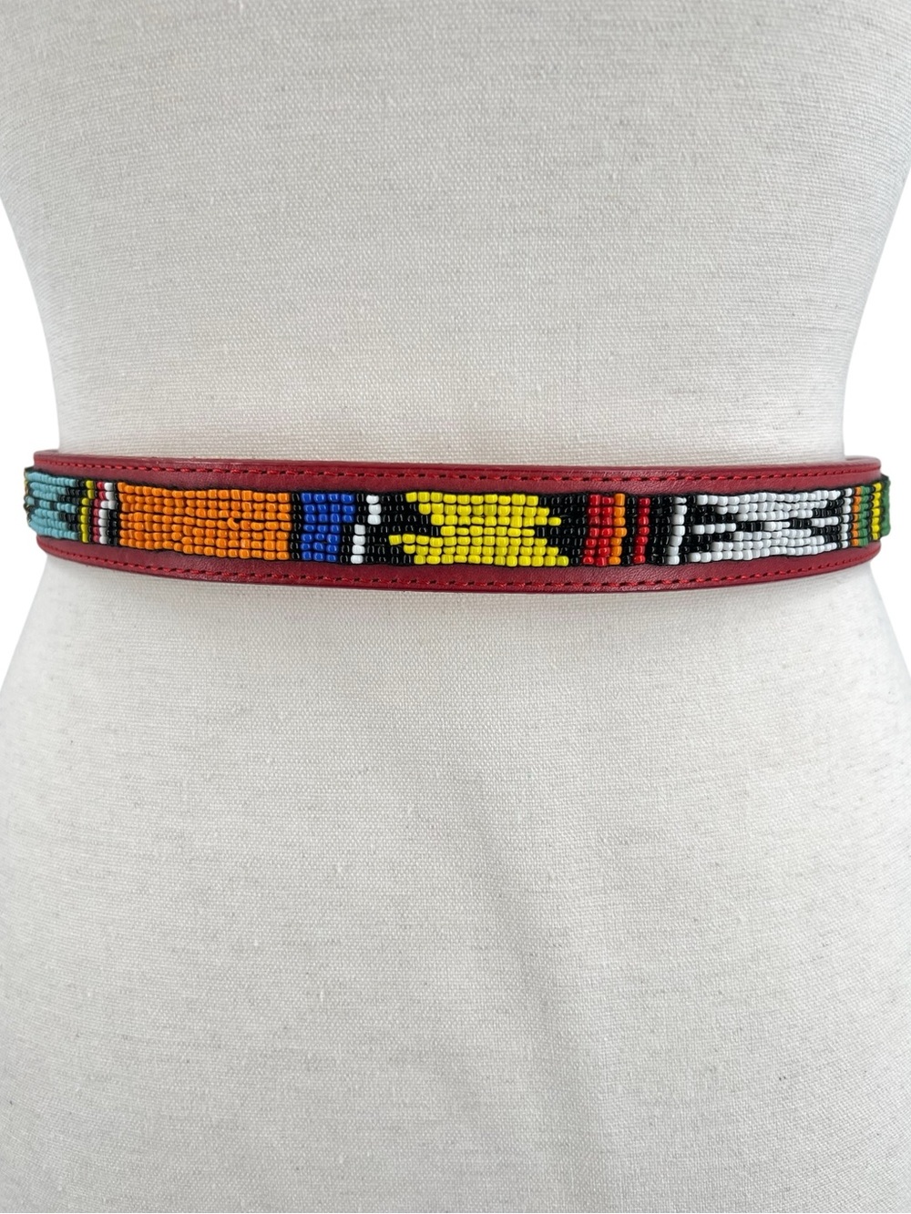 Justin Vintage Red Leather Beaded Belt Multicolor Seed Bead Western Boho Size 28